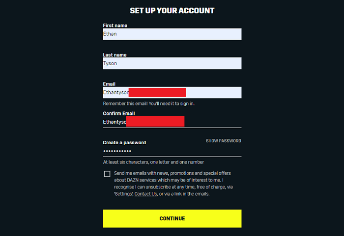 DAZN sign up process information step