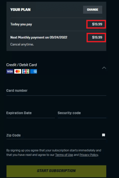 DAZN sign up process payment information step