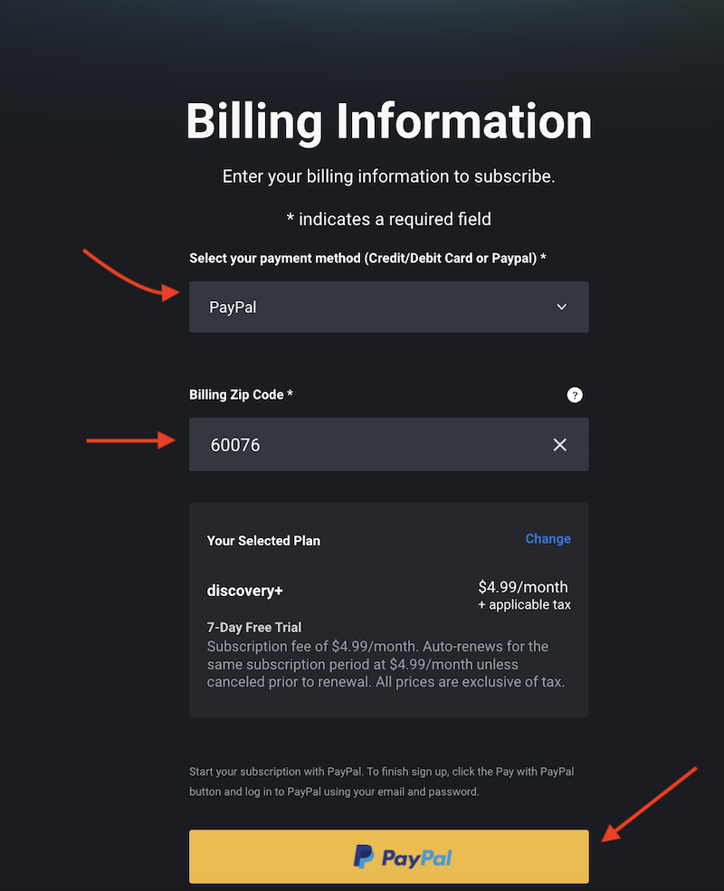 purchase a discovery plus subscription using PayPal