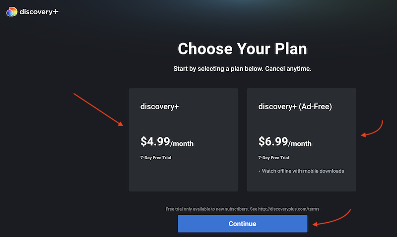 select a subscription plah for discovery plus