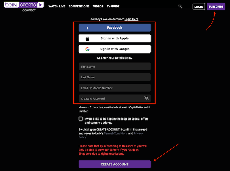 Bein sports signup page
