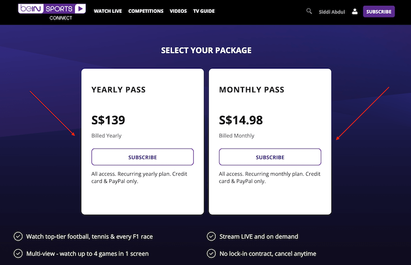 Choose a subscription plan for bein sports