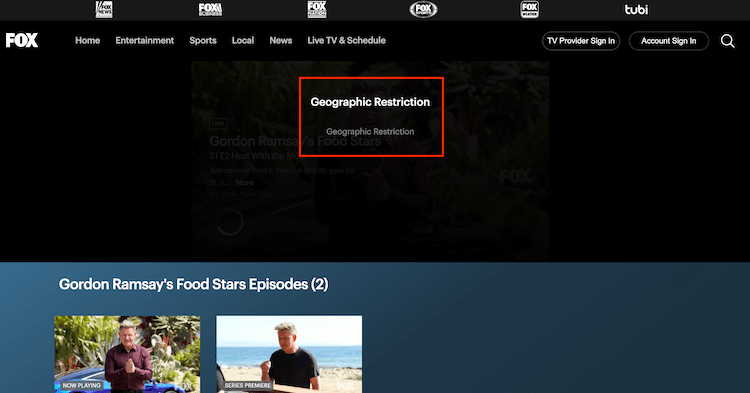 FOX TV geo-restriction error message