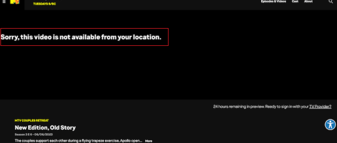 MTV channel geo-restriction error message