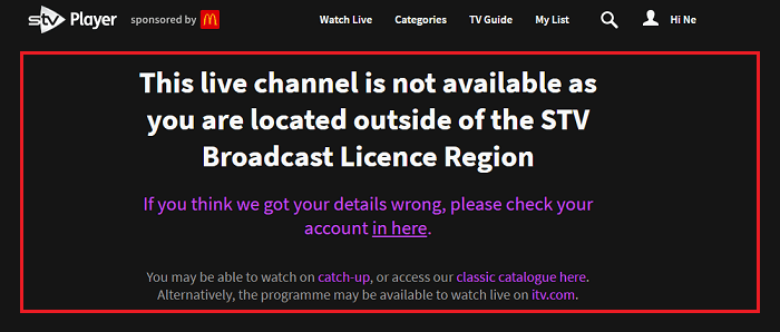 STV Player geo-restriction error message
